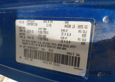 1992 Dodge Dakota from USA, damaged, VIN 1B7FL26X2NS546327